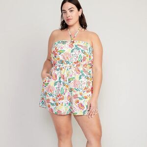 NEW Old Navy Floral O Ring Tie Neck Halter Romper Cinch Waist Pockets Women XL